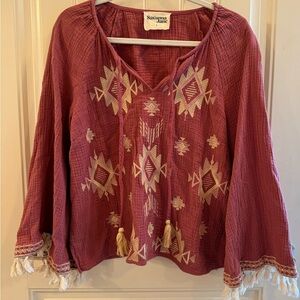 Savanna Jane Embroidered Boho Blouse - Burgundy and Cream
